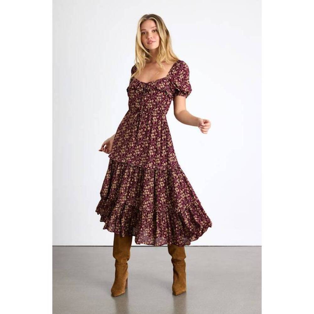 Lulus Adorable Ideal Burgundy Floral Print Tiered Ruffled Midi Dress - Size XXL
